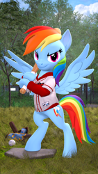 Size: 2160x3840 | Tagged: safe, artist:owlpirate, rainbow dash, pegasus, pony, g4, 3d, 4k, baseball bat, bipedal, clothes, female, high res, hoof hold, jersey, looking at you, mare, smiling, smirk, solo, source filmmaker, spread wings, uniform, wings