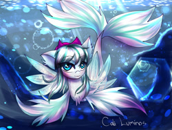 Size: 1600x1201 | Tagged: safe, artist:cali luminos, oc, oc only, merpony, sea pony, bubble, chest fluff, crepuscular rays, cute, female, fins, fish tail, flowing mane, flowing tail, looking at you, mare, ocean, ribbon, signature, smiling, smiling at you, solo, sunlight, swimming, tail, underwater, water