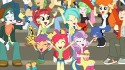 Size: 3410x1920 | Tagged: safe, screencap, apple bloom, curly winds, drama letter, golden hazel, normal norman, paisley, rose heart, sandalwood, scootaloo, scott green, some blue guy, sweetie belle, tennis match, valhallen, velvet sky, watermelody, wiz kid, equestria girls, g4, my little pony equestria girls: friendship games, adorabloom, apple bloom's bow, boots, bow, cute, cutealoo, cutie mark crusaders, diasweetes, eyes closed, female, food, hair bow, high res, male, offscreen character, open mouth, open smile, popcorn, shoes, smiling