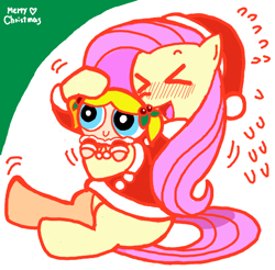 Size: 600x590 | Tagged: safe, artist:sukaponta, fluttershy, pegasus, pony, g4, ><, bubbles (powerpuff girls), christmas, clothes, costume, cute, duo, emanata, eyes closed, female, happy holidays, hat, heart, holiday, holly, mare, merry christmas, open mouth, santa costume, santa hat, simple background, the powerpuff girls, white background, xd