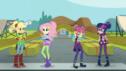 Size: 3410x1920 | Tagged: safe, screencap, applejack, fluttershy, sci-twi, sour sweet, twilight sparkle, equestria girls, g4, my little pony equestria girls: friendship games, boots, eyes closed, female, glasses, high res, magic capture device, shoes, sleeveless, smiling
