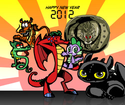 Size: 800x671 | Tagged: safe, artist:sukaponta, spike, dragon, night fury, g4, 2012, american dragon jake long, chinese new year, crossover, disney, dojo kanojo cho, dreamworks, happy new year, holiday, how to train your dragon, jackie chan adventures, looking at you, mulan, mushu, shendu, toothless the dragon, xiaolin showdown, year of the dragon