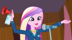 Size: 3410x1920 | Tagged: safe, screencap, dean cadance, princess cadance, equestria girls, g4, my little pony equestria girls: friendship games, airhorn, female, high res, microphone, open mouth, open smile, smiling, solo