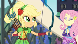 Size: 3410x1920 | Tagged: safe, screencap, applejack, fluttershy, equestria girls, g4, my little pony equestria girls: friendship games, archery, duo, duo female, eyes closed, female, high res, smiling