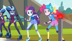 Size: 3410x1920 | Tagged: safe, screencap, lemon zest, pinkie pie, rarity, sunny flare, equestria girls, g4, my little pony equestria girls: friendship games, female, goggles, grin, helmet, high res, open mouth, roller skates, sleeveless, smiling