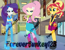 Size: 727x557 | Tagged: safe, artist:foreverbunkey123, artist:selenaede, artist:user15432, fluttershy, rarity, sunset shimmer, equestria girls, g4, alternate hairstyle, alternate universe, base used, boots, bracelet, clothes, crossed arms, female, fingerless gloves, gloves, high heel boots, jacket, jewelry, leggings, necklace, pants, pendant, ponytail, shoes, skirt, the dazzlings, watermark
