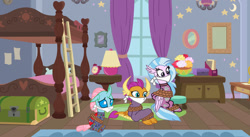 Size: 1280x699 | Tagged: safe, artist:brightstar40k, ocellus, silverstream, smolder, changeling, dragon, hippogriff, g4, alarm clock, bedroom, bondage, bound and gagged, bunk bed, chest, clock, cloth gag, clothes, dormitory, footed sleeper, footie pajamas, gag, help, help us, kidnapped, ladder, lamp, locked, nightgown, onesie, over the nose gag, pajamas, room, rug, scared, school of friendship, tied up, worried