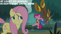 Size: 1280x720 | Tagged: safe, edit, edited screencap, editor:quoterific, screencap, fluttershy, pinkie pie, earth pony, pegasus, pony, g4, season 8, yakity-sax, ^^, belly, cute, diapinkes, duo, eyes closed, female, grin, mare, pinkie being pinkie, smiling, text, yovidaphone