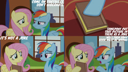 Size: 1280x720 | Tagged: safe, edit, edited screencap, editor:quoterific, screencap, fluttershy, rainbow dash, pegasus, pony, g4, season 5, tanks for the memories, book, duo, duo female, female, fluttershy's cottage, mare, open mouth, smiling, text