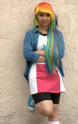Size: 646x1023 | Tagged: safe, artist:eri-nyan, rainbow dash, human, equestria girls, g4, 2015, clothes, converse, cosplay, costume, irl, irl human, multicolored hair, photo, rainbow hair, shoes, sneakers, solo