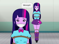 Size: 1200x900 | Tagged: safe, artist:conanrock, twilight sparkle, equestria girls, g4, bondage, bound and gagged, cloth gag, clothes, gag, help, help me, muffled words, rope, rope bondage, ropes, scared, screaming, shoes, standing, struggling, tied up, worried