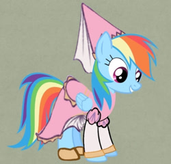 Size: 720x691 | Tagged: safe, artist:darlycatmake, edit, rainbow dash, pegasus, pony, adorasexy, adorkable, clothes, cute, dashabetes, dress, dressup, happy, hennin, looking down, pretty, princess, princess costume, princess rainbow dash, rainbow dash always dresses in style, sexy, shoes, smiling, solo, wide eyes
