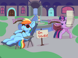 Size: 8000x6000 | Tagged: safe, artist:chedx, rainbow dash, twilight sparkle, alicorn, pegasus, pony, g4, absurd resolution, beach chair, bipedal, book, chair, coconut, drinking straw, duo, female, food, fountain, lazy, levitation, magic, mare, school of friendship, sign, sunglasses, telekinesis, twilight sparkle (alicorn), twilight sparkle is not amused, unamused
