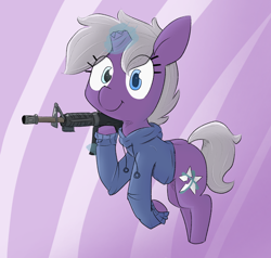 Size: 1050x1000 | Tagged: safe, artist:cherro, oc, oc only, oc:disastral, pony, unicorn, assault rifle, broken horn, clothes, gun, hoodie, horn, m16, rifle, solo, weapon