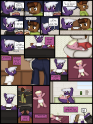 Size: 1750x2333 | Tagged: safe, artist:99999999000, oc, oc only, oc:firearm king, oc:holly stone, oc:susie cotes, oc:zhang xiangfan, earth pony, pony, comic:journey, baby, baby bottle, baby pony, brother, brother and sister, clothes, comic, controller, diaper, female, kitchen, male, pacifier, siblings, sister, smoke, smoking, video game