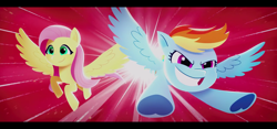 Size: 1280x600 | Tagged: safe, screencap, fluttershy, rainbow dash, pegasus, pony, g5, my little pony: a new generation, spoiler:my little pony: a new generation, duo, duo female, female, flying, grin, mare, smiling, spread wings, wings