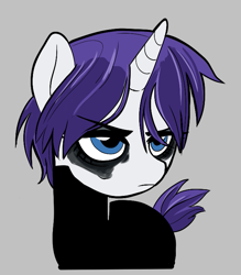 Size: 629x719 | Tagged: artist needed, safe, rarity, pony, unicorn, g4, aggie.io, alternate hairstyle, batman, bodysuit, clothes, female, frown, makeup, mare, running makeup, simple background