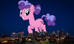 Size: 2400x1432 | Tagged: safe, artist:cheezedoodle96, artist:thegiantponyfan, edit, berry blend, berry bliss, earth pony, pony, g4, colorado, denver, female, friendship student, giant pony, giant/macro earth pony, giantess, grin, highrise ponies, irl, looking at you, macro, mare, mega giant, photo, ponies in real life, smiling, standing on two hooves, story included, tail, two toned mane, two toned tail