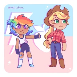 Size: 1000x1000 | Tagged: safe, artist:nati_chuan, applejack, rainbow dash, human, g4, bandaid, belt, boots, clothes, compression shorts, dark skin, duo, duo female, eyes open, female, freckles, gloves, hat, humanized, pants, shoes, shorts, simple background, socks, thumbs up