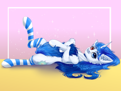 Size: 2000x1500 | Tagged: safe, artist:querisyart, oc, oc:whirligig firefly, pony, unicorn, clothes, cute, ear fluff, female, fluffy, heterochromia, lying, lying down, mare, on back, simple background, smiling, socks, striped socks, tail