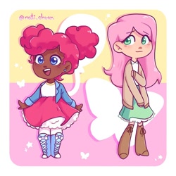 Size: 1000x1000 | Tagged: safe, artist:nati_chuan, fluttershy, pinkie pie, human, g4, blouse, boots, bow, cardigan, clothes, coat, cute, dark skin, diapinkes, dress, duo, duo female, ear piercing, earring, female, happy, humanized, jewelry, open mouth, open smile, piercing, shirt, shoes, shy, shyabetes, simple background, skirt, smiling, stockings, thigh highs