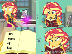 Size: 1920x1440 | Tagged: safe, edit, edited screencap, editor:lemno'tea, screencap, sunset shimmer, equestria girls, equestria girls specials, g4, my little pony equestria girls: better together, my little pony equestria girls: forgotten friendship, book, caption, comic, eurythmics, female, meme, screencap comic, solo, song reference, sweet dreams (are made of this), text