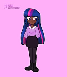 Size: 1440x1659 | Tagged: safe, artist:seasemissary, twilight sparkle, human, g4, clothes, dark skin, humanized, pink background, shirt, simple background, skirt, solo
