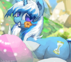 Size: 2300x2000 | Tagged: safe, artist:colochenni, minuette, pony, unicorn, g4, butt, cute, drawthread, female, flower, high res, mare, minubetes, mouth hold, plot, requested art, solo