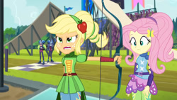 Size: 3410x1920 | Tagged: safe, screencap, applejack, fluttershy, lemon zest, sunny flare, equestria girls, g4, my little pony equestria girls: friendship games, archery, duo, duo female, duo focus, female, hairpin, high res, open mouth