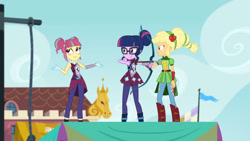 Size: 3410x1920 | Tagged: safe, screencap, applejack, sci-twi, sour sweet, twilight sparkle, equestria girls, g4, my little pony equestria girls: friendship games, archery, canterlot high, crying, female, glasses, high res, magic capture device, sleeveless, smiling, trio
