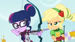 Size: 3410x1920 | Tagged: safe, screencap, applejack, sci-twi, twilight sparkle, equestria girls, g4, my little pony equestria girls: friendship games, archery, crossed arms, crying, duo, duo female, female, glasses, high res, magic capture device, sad