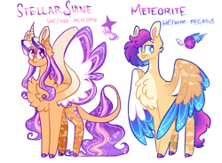 Size: 2628x1926 | Tagged: safe, artist:goldlines005, oc, oc only, alicorn, pegasus, pony, alicorn oc, chest fluff, duo, female, horn, leonine tail, male, mare, offspring, parent:flash sentry, parent:twilight sparkle, parents:flashlight, pegasus oc, simple background, stallion, tail, white background, wings