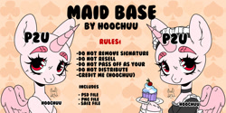 Size: 1280x640 | Tagged: safe, artist:hoochuu, oc, oc only, alicorn, semi-anthro, alicorn oc, base, bust, clothes, cupcake, duo, eyelashes, food, horn, maid, pay to use, smiling, wings