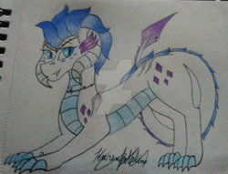 Size: 1920x1470 | Tagged: safe, artist:monse2001, oc, oc only, oc:kiah, dracony, dragon, hybrid, pony, adopted offspring, deviantart watermark, obtrusive watermark, parent:comet tail, parent:twilight sparkle, parents:cometlight, signature, traditional art, watermark