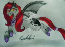 Size: 1920x1392 | Tagged: safe, artist:monse2001, oc, oc only, bat pony, pony, bat pony oc, bat wings, deviantart watermark, hoof shoes, obtrusive watermark, signature, solo, traditional art, watermark, wings