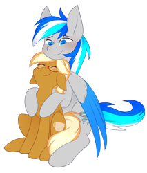 Size: 824x969 | Tagged: safe, artist:scarlet-spectrum, oc, oc only, oc:coffee creme, oc:hawker hurricane, pegasus, pony, blushing, colored wings, cute, duo, female, floppy ears, glasses, happy, hooves, hug, hug from behind, male, mare, multicolored wings, not mareota, pegasus oc, simple background, slender, smiling, stallion, tail, thin, transparent background, two toned wings, wings