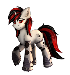 Size: 4447x4809 | Tagged: safe, alternate version, artist:flapstune, oc, oc only, oc:blackjack, cyborg, cyborg pony, pony, unicorn, fallout equestria, fallout equestria: project horizons, amputee, augmented, chest fluff, cyber eyes, cyber legs, cybernetic legs, ear fluff, fanfic art, female, fluffy, horn, level 1 (project horizons), looking at you, mare, prosthetics, simple background, small horn, solo, transparent background