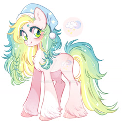 Size: 1024x1026 | Tagged: safe, artist:miioko, oc, oc only, earth pony, pony, blushing, braid, deviantart watermark, earth pony oc, female, mare, nightcap, obtrusive watermark, simple background, smiling, solo, unshorn fetlocks, watermark, white background