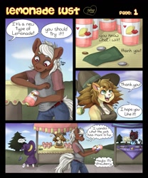 Size: 1067x1280 | Tagged: safe, artist:mortimer todd, oc, oc only, earth pony, anthro, clothes, comic, dialogue, earth pony oc, hat, juice, lemonade, money, witch hat