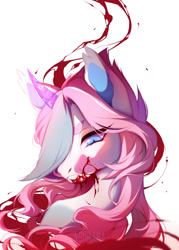 Size: 918x1280 | Tagged: oc name needed, safe, artist:agurana, oc, oc only, pony, blood, blue eyes, bust, commission, digital art, ear tufts, eyelashes, eyeshadow, female, horn, magic, makeup, mare, multicolored hair, multicolored mane, portrait, solo