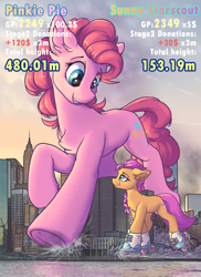 Size: 1600x2200 | Tagged: safe, artist:ravistdash, pinkie pie, sunny starscout, earth pony, pony, g5, my little pony: a new generation, spoiler:g5, city, destruction, female, giant pinkie pie, growth drive, looking at each other, looking at someone, macro, new york city, roller skates, running, size difference, smiling, stomping, text