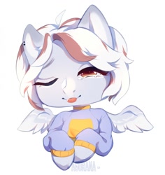 Size: 1208x1280 | Tagged: safe, artist:agurana, oc, oc only, pegasus, pony, :p, chibi, clothes, commission, cute, digital art, looking at you, multicolored hair, multicolored mane, one eye closed, simple background, solo, spread wings, sweater, tongue out, white background, wings, wink, winking at you