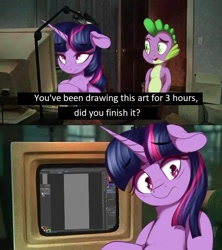 Size: 597x673 | Tagged: safe, artist:2fat2fly, spike, twilight sparkle, dragon, pony, g4, comic, computer, coraline, dialogue, female, floppy ears, male, mare, parody