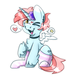 Size: 728x768 | Tagged: safe, artist:pinkalotl, oc, oc only, oc:candy, alicorn, pony, chest fluff, clothes, fangs, femboy, flower, fluffy, freckles, horn, male, piercing, simple background, sitting, small wings, socks, soft, solo, stockings, striped socks, thigh highs, transparent background, wings