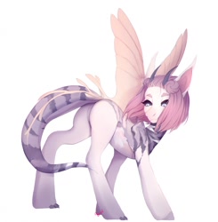 Size: 1254x1280 | Tagged: safe, artist:agurana, oc, oc only, original species, pony, black sclera, butt, claws, commission, digital art, ear tufts, horns, looking back, plot, rear view, short hair, short mane, simple background, solo, white background, wings