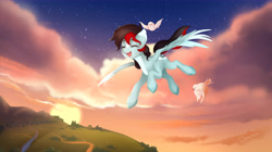 Size: 8910x4980 | Tagged: safe, artist:ottava, oc, oc only, oc:daytona, bird, pegasus, pony, absurd resolution, cloud, eyes closed, female, flying, mare, open mouth, open smile, scenery, smiling, sun