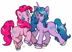 Size: 1597x1151 | Tagged: safe, artist:cupidmotel, izzy moonbow, pinkie pie, earth pony, pony, unicorn, g4, g5, my little pony: a new generation, bracelet, cute, diapinkes, duo, female, friendship bracelet, g4 to g5, happy, izzy and her heroine, izzybetes, jewelry, mare, open mouth, open smile, simple background, smiling, unshorn fetlocks, white background