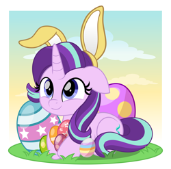 Size: 5066x5000 | Tagged: safe, artist:jhayarr23, part of a set, starlight glimmer, pony, unicorn, absurd resolution, bunny ears, commission, cute, easter, easter egg, egg, glimmerbetes, holiday, smiling, ych result