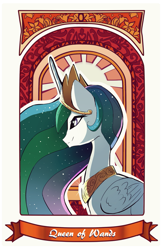 Size: 777x1200 | Tagged: safe, artist:skyeypony, princess celestia, alicorn, pony, g4, bust, card, ethereal mane, jewelry, regalia, solo