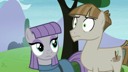 Size: 1280x720 | Tagged: safe, screencap, maud pie, mudbriar, earth pony, pony, g4, season 8, the maud couple, clothes, duo, female, horrified, male, mare, reaction image, shocked, stallion, stick abuse